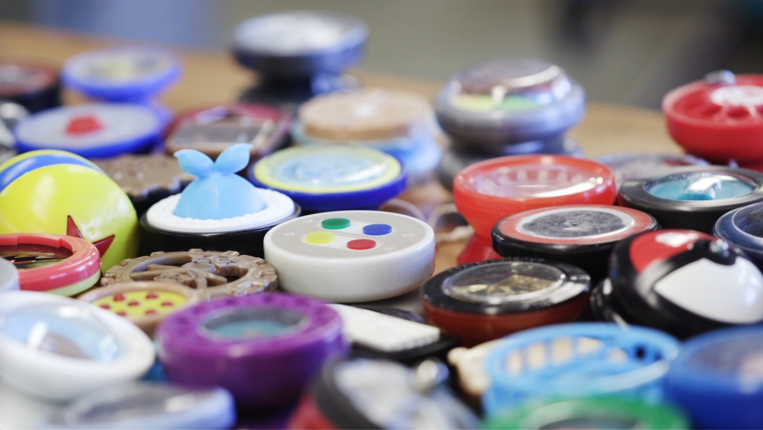close-up of colorful yo-yos