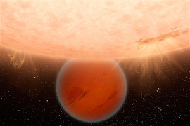 The mass of a planet with an extremely short orbital period has been identified. Pictured is an artist's rendition of the exoplanet Gliese 436b, with a slightly longer orbit around its star.