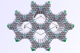 A diagram of the molecular structure of the new material shows how it naturally forms a hexagonal lattice structure, and its two-dimensional layers naturally arrange themselves so that the  openings in the hexagons are all perfectly aligned.