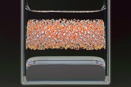 A physical model of the liquid metal battery at room temperature, in a glass container. The bottom layer is the positive electrode. In the real battery this is an alloy of antimony and lead, represented here by mercury. The middle layer is the electrolyte — in reality, a mixed molten salt; here, a solution of salt in water. The top layer is the current collector of the negative electrode, a meta...