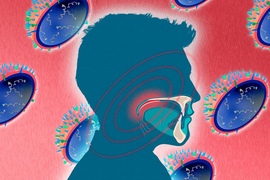 MIT researchers find the soft palate (in red) — the soft tissue at the back of the roof of the mouth — plays a key role in how the flu virus (in background) travels through the air.