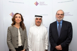 Left to right: Maysa Jalbout, CEO of the Abdulla Al Ghurair Foundation for Education; Abdul Aziz Al Ghurair, chair of the board of trustees; and Eric L. Grimson, MIT chancellor for academic advancement.