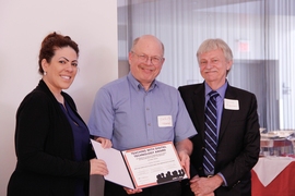 Professor Chris Terman (center) developed digital tools to better teach students computational structures. He is flanked by Dean for Graduate Education Christine Ortiz (left) and Dean for Undergraduate Education Dennis M. Freeman.