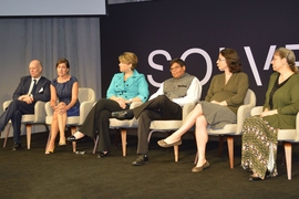 MIT Technology Review editor-in-chief and publisher Jason Pontin moderates a panel with semifinalists in the Solve: Learn crowdsourced ideas contest.
