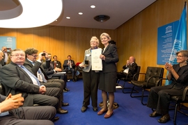 Institute Professor Millie Dresselhaus accepts the UNESCO Medal from UNESCO Director-General Irina Bokova at the awards ceremony on Oct. 11 in Paris, France.