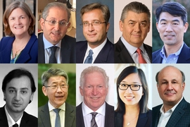 The nine full term members, (left to right, top to bottom): Nancy C. Andrews ’85; Nicolas E. Chammas ’87; Arunas A. Chesonis ’84 (second term); José Antonio V. Fernández Carbajal; Perry Young Soo Ha ’85; Fariborz Maseeh ’90 (second term); Philip C. T. Ng ’85 (second term); Phillip T. Ragon ’72 (second term); and Anita Xiao Qi Wu ’16; David M. Siegel ’91 (partial term).