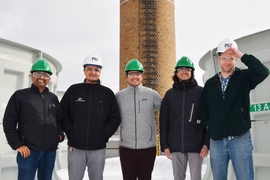The Varanasi research group visits the MIT Central Utilities Plant cooling towers, where they will test their water-recapture technology with support from the new Campus Sustainability Incubator Fund.