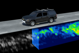 Localizing ground-penetrating radar (LGPR) developed at MIT Lincoln Laboratory uses inherently stable subsurface features and their geolocation to locate a vehicle, even in adverse weather conditions. Below the surface, an earlier map can be seen in gray on the left, while a current scan is shown in light blue under the vehicle, and the registered data is shown in blue and green behind the vehicle...