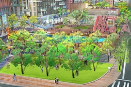 A rendering of the open space as imagined in a site plan example, from the corner of Third Street and Broadway. Key features include public gathering spaces, retail kiosks, and water representing the continuation of Broad Canal.