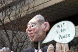 A giant puppet of President George W. Bush took center stage at Thursday's rally against war in Iraq.