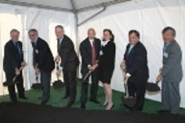 Taking part in the groundbreaking, left to right: MIT Provost Robert A.Brown; Dean of the School of Science Robert J. Silbey; MIT President Charles M. Vest; Jeffry Picower; Barbara Picower; Cambridge Mayor Michael Sullivan, and Susumu Tonegawa, the Picower Professor of Biology and Neuroscience, Nobel laureate, and founding director of the Picower Center for Learning and Memory at MIT.