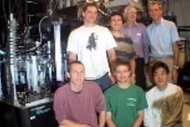 The researchers in front of the experimental setup where they realized record-low temperatures. Top row: Andre Schirotzek, Michele Saba, David Pritchard and Wolfgang Ketterle. Lower row: Aaron Leanhardt, Tom Pasquini and Yong-Il Shin. Dave Kielpinski is missing.