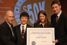 The Balico team is shown accepting $30,000 in start-up money at the final awards ceremony of the MIT $50K Entrepreneurship Competition held May 9. From left to right: MIT graduate student Baruch Schori, MIT Ph.D. candidates Harry Lee and Kathleen Sienko, and Jimmy Robertsson, a research engineer at Massachusetts Eye and Ear Infirmary.