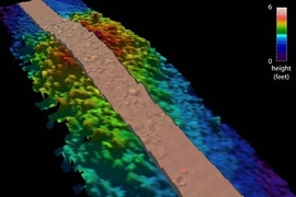 This image shows a sample of the data collected by the SeaBed autonomous underwater vehicle as it swam over the Chios shipwreck in July 2005. The 3-D color mesh represents a topographic map of the sea floor, created using data collected by multibeam sonar. The brown strip shows the area captured in digital images, which were used to create the photomosaic of the wreck. <a onclick="MM_openBrWindow(...