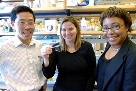 From left, Professors Yet-Ming Chiang, Angela Belcher and Paula Hammond display a virus-loaded film that can serve as the anode of a battery.