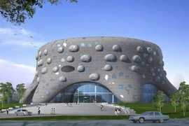 Sloan Kulper (S.B. 2003) and Audrey Roy (S.B. 2005) have designed a building in the shape of a cell for the Institute for Nanobiomedical Technology and Membrane Biology in Chengdu, China. This illustration shows the exterior in daytime. Protrusions in the facade provide meeting areas attached directly to interior laboratories.