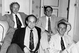 Alexander Rich, front row, left, was a member of the RNA Tie Club, which had 20 members, one representing each amino acid. Rich is joined in this 1955 photo by biophysicist James Watson (front row, right), chemist Leslie Orgel (back row, right) and molecular biologist Francis Crick. Watson and Crick together discovered the double helix structure of DNA in 1953.