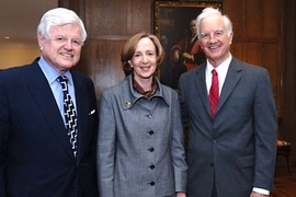 Sen. Edward Kennedy, MIT President Susan Hockfield and Harvard President Derek Bok at a luncheon at MIT's Gray House. Hockfield and Bok announced the expansion of the Kennedy Scholarship program.