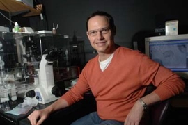 Biology professor Frank Gertler sits by a microscope in his lab. Gertler leads a team that's uncovered new insights on early development of the nervous system.