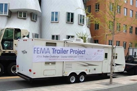 A FEMA trailer en route to the MIT campus, where it will form the centerpiece of a new course on research as artistic practice.