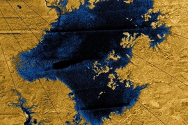 Images from the Cassini mission show river networks draining into lakes in Titan's north polar region.
