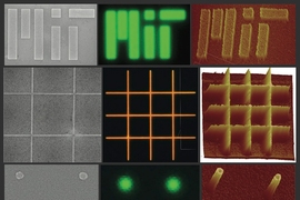 Images of nanopatterned films of nano crystalline material produced by the MIT research team. Each row shows a different pattern produced on films of either cadmium selenide (top and bottom) or a combination of zinc cadmium selenide and zinc cadmium sulfur (middle row). The three images in each row are made using different kinds of microscopes: left to right, scanning electron microscope, optical ...