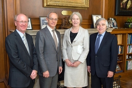 From left to right: Director, University Relations, Group Technology at BP Andrew Cockerill; MIT President L. Rafael Reif; BP Chief Scientist Ellen Williams; and MIT Energy Initiative Director Ernest J. Moniz.