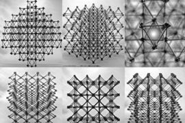 Assemblies of the cellular composite material are seen from different perspectives, showing the repeating &#34;cuboct&#34; lattice structure, made from many identical flat cross-shaped pieces.