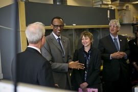 (Left to right) Professor Ronald Prinn; Rwandan president Paul Kagame; Professor Maria Zuber; Professor Philip Khoury.