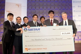 Members of the Unified Solar team: (from left) Jin Moon, Anas Al Bastami, Albert Chan, Jorge Elizondo, Bessma Aljarbou, and Arthur Chang. At far right is NSTAR President Craig Hallstrom.