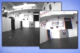 A visual odometry algorithm uses low-latency brightness change events from a Dynamic Vision Sensor (DVS) and the data from a normal camera to provide absolute brightness values. The left photograph shows the camera frame, and the right photograph shows the DVS events (displayed in red and blue) plus grayscale from the camera.