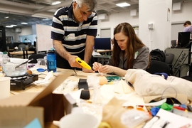 Mike Grimanis and Anya Burkart (MIT PhD student in biological engineering), members of the Second Nature team, prototyped a breast pump that mimics an infant. 