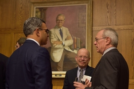(Left to right) Vanu Bose; Christopher Terman, senior lecturer in the Department of Electrical Engineering and Computer Science; and MIT President Rafael Reif, at a reception honoring the recipients of the Prof. Amar G. Bose Research Grants.