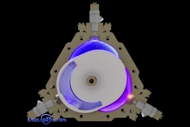 In the X Mini, an oval rotor orbits a rounded triangular housing, creating three combustion chambers. Asymmetrical location of intake and exhaust ports on the rotor allows for overexpansion (shown in purple), where the engine has more time to extract energy from the fuel. It also accommodates constant volume combustion, where compressed gas is held in the chamber for an extended period (shown in b...