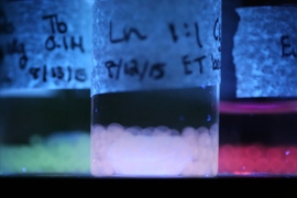 Luminescent materials produced by the MIT team are shown under ultraviolet light, emitting different colors of light that can be modified by their environmental conditions.