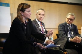 (Left to right) MIT Professor Angela Belcher moderates a panel discussion on climate change, which included Daniel Zarrilli, director of the Mayor’s Office of Recovery and Resiliency in New York City, and John Bolduc, an environmental planner for Cambridge.
