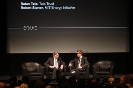 A panel on energy in the developing world featured Ratan Tata, chairman of Tata Trust (left), and Robert Stoner, deputy director for Science and Technology for the MIT Energy Initiative.
