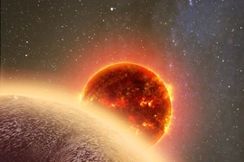 In this artist's rendering of GJ 1132b, a rocky exoplanet very similar to Earth in size and mass, circles a red dwarf star. GJ 1132b is relatively cool (about 450 degrees F) and could potentially host an atmosphere. At a distance of only 39 light-years, it will be a prime target for additional study with Hubble and future observatories like the Giant Magellan Telescope.

