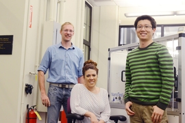 From left, assistant professor Mathias Kolle, professor Christine Ortiz, and postdoc Ling Li, who were leaders of the team that analyzed the eyes of the chiton.