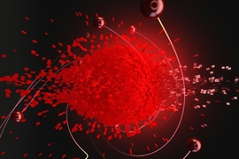 In this image, the middle "explosion" is a cloud of hot electrons, inside graphene, that bounce off one another as they reach equilibrium and spread out. The red spheres are those electrons that are energetic enough to escape the hot cloud in less than 30 femtoseconds and generate an electric current. MIT researchers have developed a technique to access and control these ultrafast processes.
