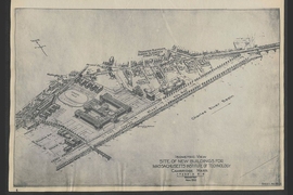 One of many iterations of early plans for the Cambridge campus. Like many of the early design ideas, this one has its main facade facing the Charles River, unlike the ultimate design that faces onto Massachusetts Avenue. Drawing by John R. Freeman (1912). 