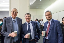 David H. Koch '62, SM '63, Killian Award recipient Tyler Jacks, and Krishna Rajagopal, chair of the MIT faculty, at a reception following the Killian Lecture.