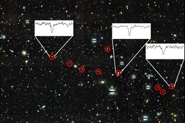Dark Energy Survey image of the region surrounding the faint dwarf galaxy Reticulum II. The nine brightest known stars in the galaxy are marked with red circles. Spectra showing the unique chemical content of three stars are shown.
