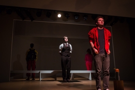 (From left to right)  Edmond Halley (turned away from camera), played by Ben Chazen (2018) a sophomore studying political science. Nicholas Fatio, played by Garrett Schulte (2017) a junior studying mechanical engineering. Catherine Barton (turned away from camera), played by Lauren Wright (2016) a senior studying mechanical engineering. Isaac Newton, played by Ben Spiro (2017) a junior studyi...