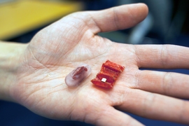 “It’s really exciting to see our small origami robots doing something with potential important applications to healthcare,” Daniela Rus says. Pictured, an example of a capsule and the unfolded origami device.