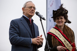 MIT President L. Rafael Reif speaks after the procession and competition. 