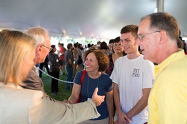 President Reif and his wife, Christine, greet new students and their families after the 2016 Freshman Convocation ceremony.