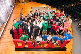 The entrepreneurs who pitched startup ideas at MIT delta V Demo Day on Sept. 9 pose with event organizers.  