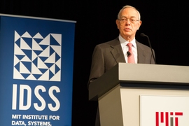 President L. Rafael Reif speaks at the Institute for Data, Systems, and Society (IDSS) showcase. In his remarks, Reif noted that IDSS is “a unit that can magnify individual talents through collaborations, a unit that aspires to generate groundbreaking ways to understand society’s most difficult problems and lead us to badly-needed solutions.”