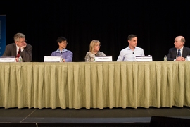 From left to right: Professor William Hogan of Harvard University, Professor Steven Low of Caltech, Professor Sally Benson of Stanford University, Professor Michael Greenstone of the University of Chicago, and Professor Robert Armstrong, director of the MIT Energy Initiative, during a session on the future of the electric grid.